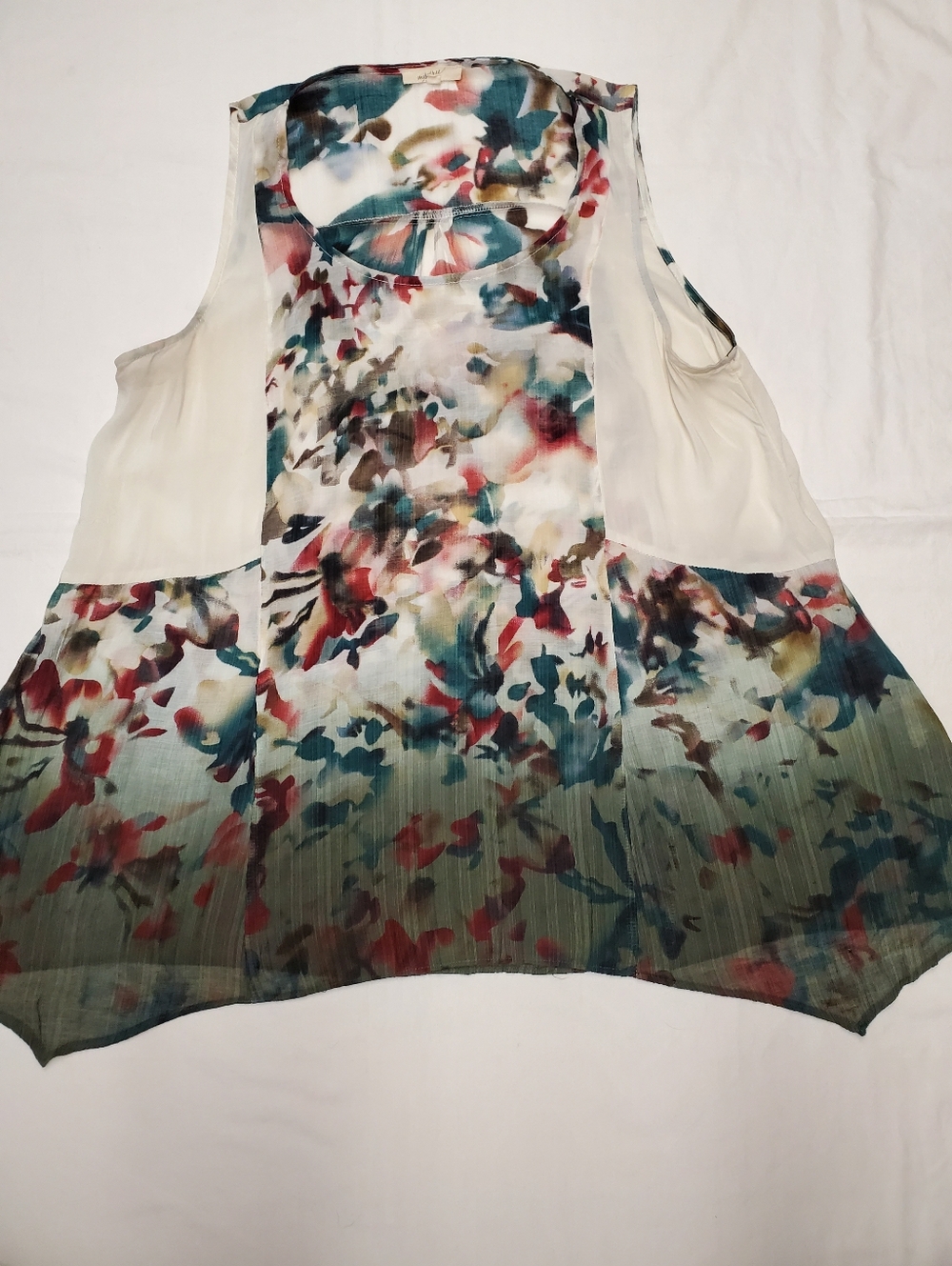 Mystree Sheer Floral Blouse Tank Top Boho Luxe Flowy Layered Cream Multicolor L